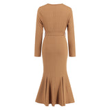 Women Date Dress Knitted Long Sleeve V-neck Lace-up Fishtail Skirt