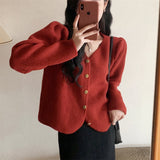 Women Knitted Cardigan Vintage Rose Buckle Knitted Cardigan Loose Sweater Coat
