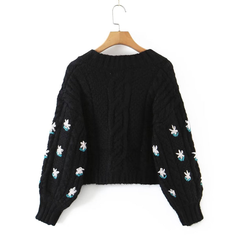 Women Sweater Knitwear Autumn and Winter Embroidery Knitwear Women's Lantern Sleeve Large V-neck Short Sweater