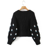 Women Sweater Knitwear Autumn and Winter Embroidery Knitwear Women's Lantern Sleeve Large V-neck Short Sweater
