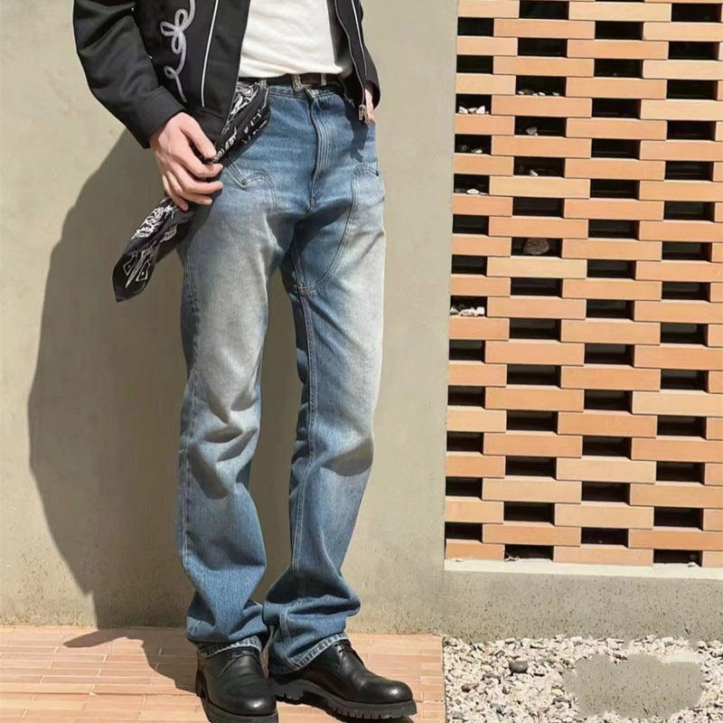 Men Jeans Retro Washed Distressed Straight Jeans