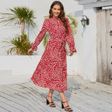 Women Date Dress Leopard Print Stud for Autumn and Winter Stand Collar Long Sleeve Dress Pleated Dress