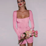 Women Dresses Autumn Hot Drilling U-Neck Long-Sleeved Dress