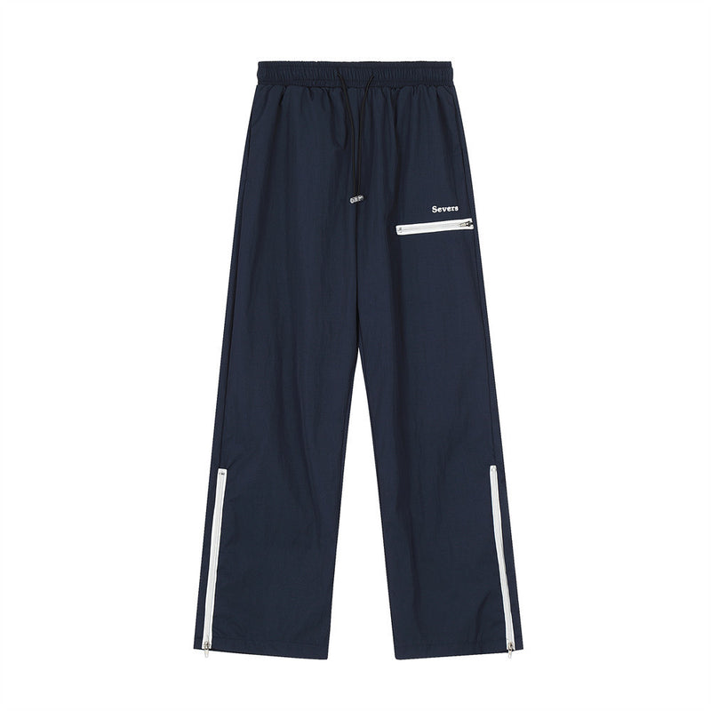 Men Sweatpants Zipper Slit Straight Casual Trousers Breathable Sports Wide-Leg Pants