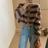 Women Knitted Cardigan Striped Long Sleeve Knitted Cardigan Autumn and Winter Sweater