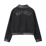 Women Jacket PU Leather Stitching Contrast Color Lapels Jacket