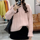 Women Knitted Pullover Autumn and Winter round Neck Pullover Retro Twist Sweater Casual Loose Knitted Top