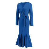 Women Date Dress Knitted Long Sleeve V-neck Lace-up Fishtail Skirt