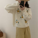 Women Knitted Pullover Hand Embroidery Flower Sweater