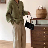 Women Knitted Cardigan Autumn and Winter Loose round Neck Single Breasted Thick Coat