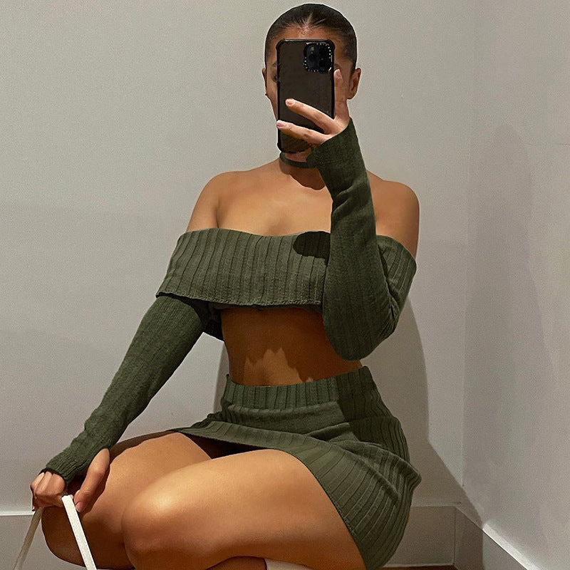 Women Co-Ord Set off-the-Shoulder Long Sleeve Top Sexy Hip Skirt Two-Piece Set