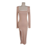 Women Maxi Dress Autumn and Winter Square Collar Slit Dress