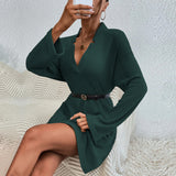 Women Dress Loose Casual Sexy V-neck Pocket Long Sleeve Dress Mini Dress