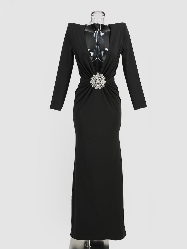 Women Dresses Sexy Deep V Long Sleeve Dress Long Dress Dress (Zns0409)