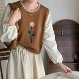 Women Knitted Pullover Spring and Autumn round Neck Embroidered Flower Knitwear Top