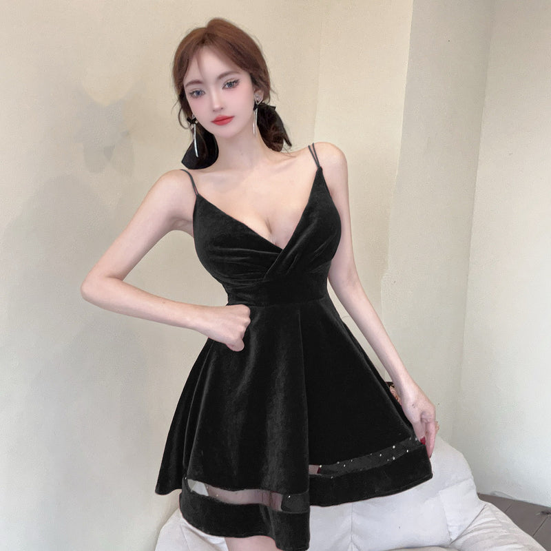 Women Maxi Dress Spring and Autumn Sexy Pleuche Spaghetti-Strap Dress