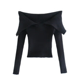 Women Sweater Knitwear Lapel Sweater Autumn Winter Sexy off-the-Shoulder Fold Collar Long Sleeve Sweater