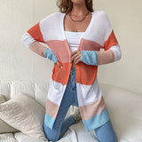 Women Knitted Sweater Autumn Clothes Casual Long Sleeve Colorblock Sweater Coat