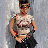 Women T-shirt Punk Floral Mesh Floral Print Casual Fitted Short T-shirt