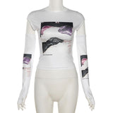 Women T-shirt Summer Slim-Fit Printed round Neck Midriff-Baring T-shirt