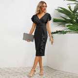 Women Date Dress round Neck Pleated Lace Dress