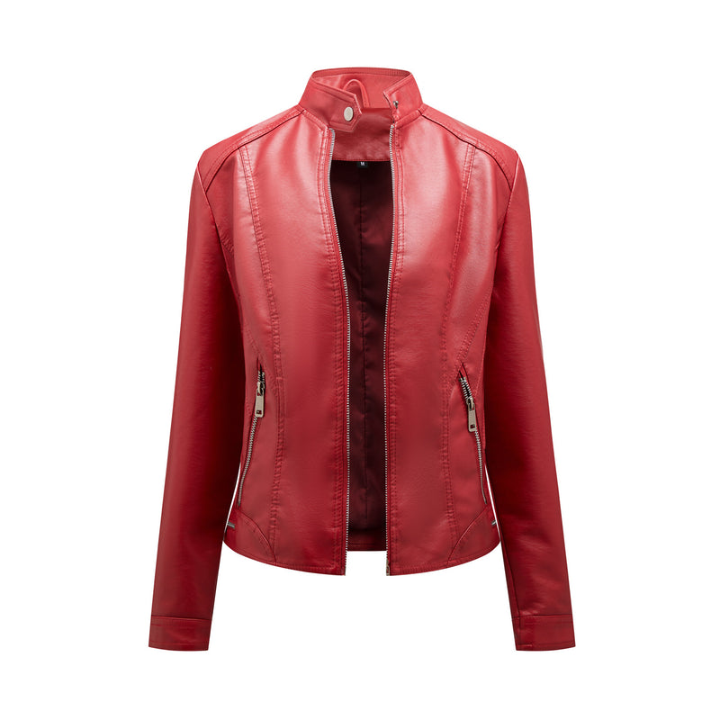 Red Leather Jacket Casual Leather Clothing Women's Stand Collar Zipper Slim Fit Motorcycle Clothing
