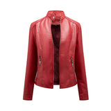 Red Leather Jacket Casual Leather Clothing Women's Stand Collar Zipper Slim Fit Motorcycle Clothing