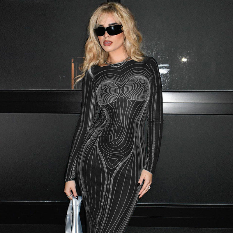 Women Dresses Winter Backless Slim Fit round-Neck Long-Sleeved Dress