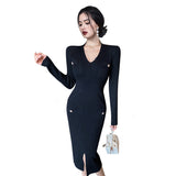 Women Maxi Dress Autumn and Winter V-neck Knitted Hip Skirt Midi Skirt