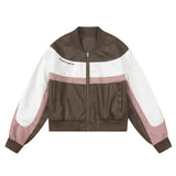 Women Jacket Color Contrast Patchwork Short PU Leather Jacket Stand Collar Biker's Leather Jacket