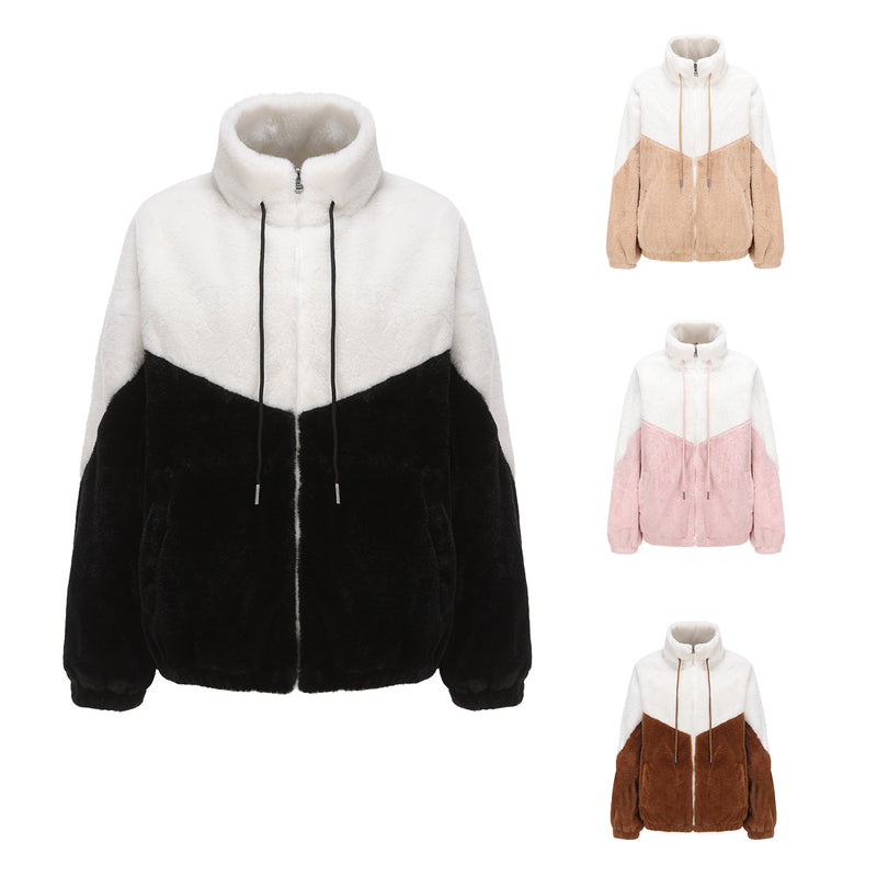 Women Trench Coat Autumn and Winter Plush Coat Hooded Long Sleeve Warm Color Matching Top