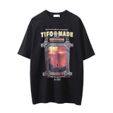 Men Vintage T-Shirt Volcano Landscape Printing Short Sleeve T-shirt