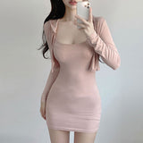 Women Dresses Blue Two-Piece Suit U-Collar Suspender Skirt Hip Skirt Cardigan