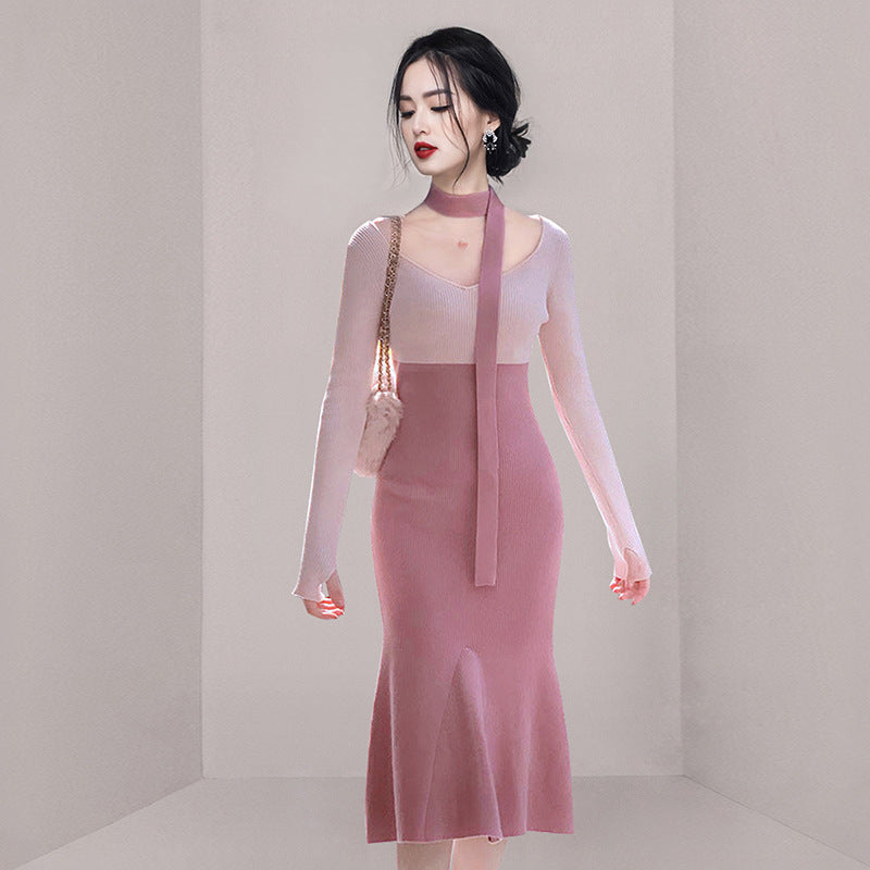 Women Maxi Dress Autumn and Winter Hip Fishtail Knitted Dress
