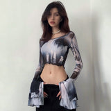 Women T-shirt Summer round Neck Pullover Horn Long Sleeve Casual Top