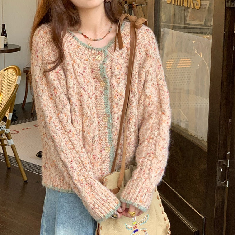 Women Knitted Cardigan round Neck Single-Breasted Long Sleeve Sweater Sweater