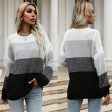 Women Knitted Sweater Autumn Crew Neck Loose Stitching Contrast Color Knitted Long Sleeve Sweater