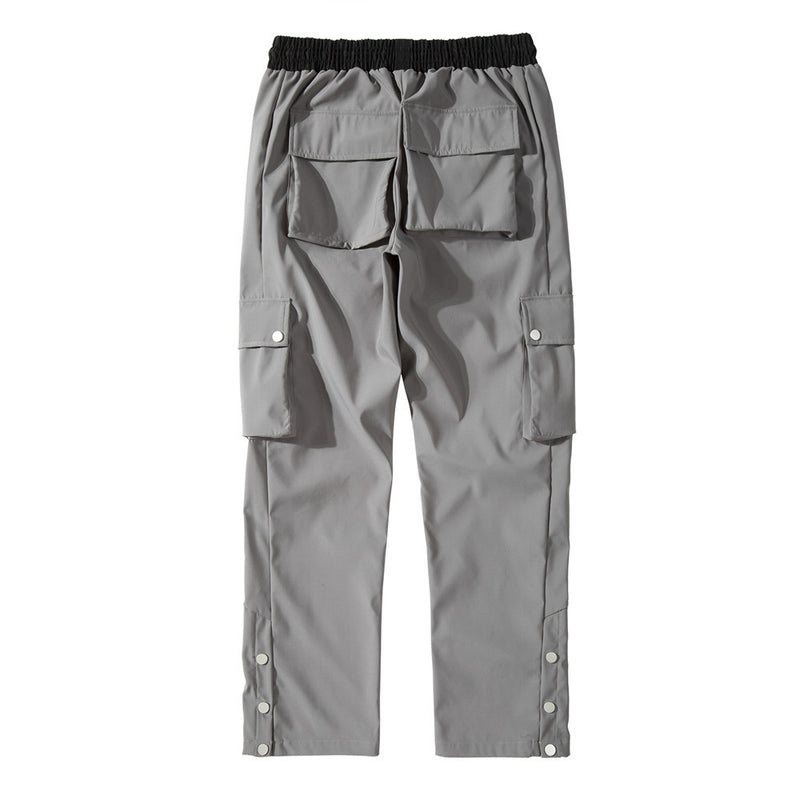 Men Sweatpants Multi-Pocket Cargo Pants Slit Loose Straight-Leg Trousers