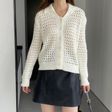 Women Cardigan Sweater Hollow out Sweater Cardigan Polo Collar Top Coat X3009