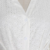 Women Dresses V-neck Lantern Sleeve Single Row Embroidery Hollow Dress (Qymy0409)