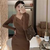 Women Maxi Dress Autumn Winter Retro Sexy Hip Knitwear Dress