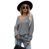 Women Knitted Sweater Autumn V-neck Gray Long Sleeves Women's Sweater Loose