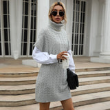 Women Knitted Sweater Autumn Knitted Long Vest High Collar Sweater Dress