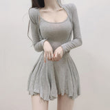 Women Dresses U-Neck Sling Dress Two-Piece Suit Pleated Skirt