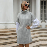 Women Knitted Sweater Autumn Knitted Long Vest High Collar Sweater Dress