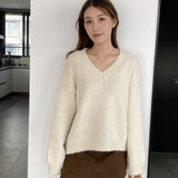 Women Winter Knitted Sweater V-neck Thick Sweater Autumn and Winter Loose-Fitting Long Sleeve Sweater H0001