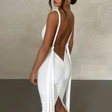 Women Dresses Summer Sexy Deep V-neck Backless Fold Split Dress