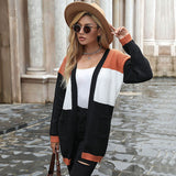 Women Knitted Sweater Autumn and Winter Long Sleeve Color Matching Sweater Cardigan Long