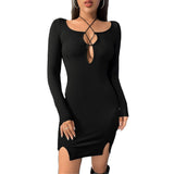 Women Dress Fall/Winter Pierced Black Long Sleeve Narrow Slim Fit Mini Dress