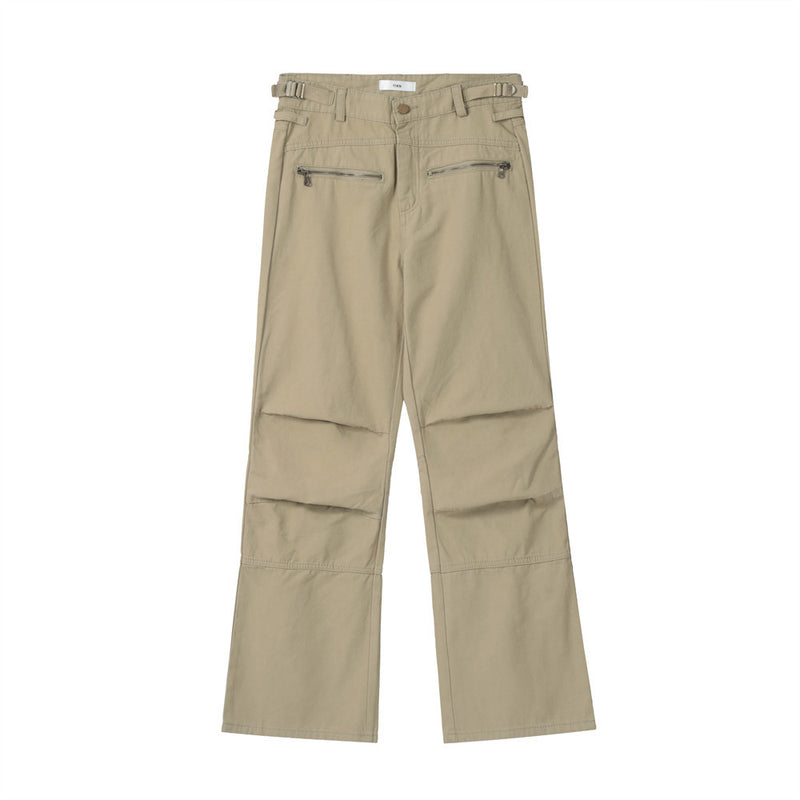 Men Sweatpants Zipper Workwear with Pocket Wide Leg Trousers Loose Stitching Ruffle Straight Casual Pants